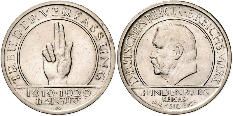 5 RM 1929 A, Verfassung. Jaeger&nbsp;341. Los wie vor. 

winz. Rdu, fast vorzü...