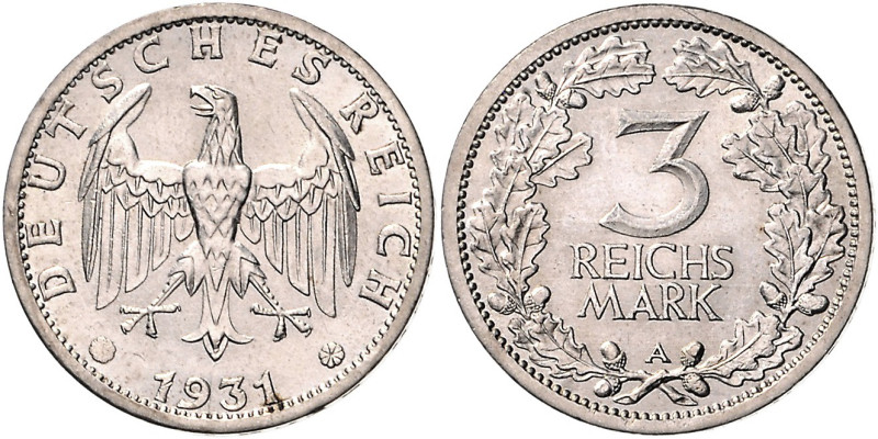 3 RM 1931 A, Kursmünze. Jaeger&nbsp;349. . 

fast stempelfrisch