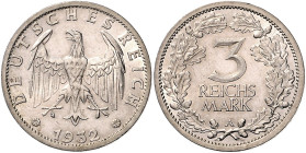 3 RM 1932 A, Kursmünze. Jaeger&nbsp;349. . 

winzigste Rf., vz-stfr