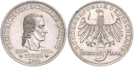 DM-Gedenkmünzen. 
5 DM 1955 F, Schiller. Jaeger&nbsp;389. . 

winzigste Rf., vorzüglich
