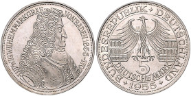 DM-Gedenkmünzen. 
5 DM 1955 G, Markgraf von Baden. Jaeger&nbsp;390. . 

winz. Rdu, vz-stfr