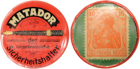 Orte. 
Elberfeld. Briefmarkenkapselgeld o.J., "Matador der unzerbrechliche Sicherheitshalter" (in schwarzer Schrift), Plastikhülle, 33 mm, 10-Pf.-Ger...