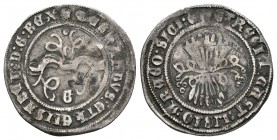 Fernando e Isabel (1474-1504). 1/2 real. Granada. (Cal-445 variante). Ag. 1,53 g. Con G gótica y roel en anverso. Acuñación muy redonda. MBC+. Est...1...