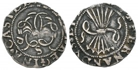 Fernando e Isabel (1474-1504). 1/2 real. Sevilla. (Cal-482 variante). Ag. 1,70 g. Ensayador d cuadrada. Pátina. MBC+. Est...50,00.