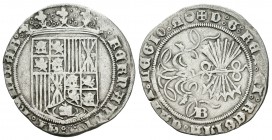 Fernando e Isabel (1474-1504). 1 real. Burgos. (Cal-290). Ag. 3,22 g. Caldero en la leyenda del reverso. MBC. Est...110,00.