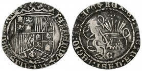 Fernando e Isabel (1474-1504). 1 real. Cuenca. (Cal-no cita). (LF-F3.G.1. Similar). Ag. 2,63 g. Sin marcas en anverso. Con C gótica y cruz de puntos e...