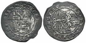 Fernando e Isabel (1474-1504). 1 real. Sevilla. (Cal-374). (LF-F6.5.7). Ag. 3,35 g. Armiño a izquierda del escudo. Escasa. MBC+. Est...110,00.