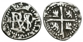 Felipe II (1556-1598). 1/2 real. Potosí. R. (Cal-731). Ag. 2,21 g. BC+. Est...60,00.