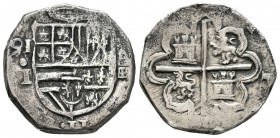 Felipe II (1556-1598). 2 reales. 1591/0. Segovia. I. (Cal-527). Ag. 6,65 g. Fecha a izquierda del escudo, sobre el ensayador. Rara. MBC-. Est...320,00...