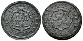 Felipe III (1598-1621). 4 maravedís. 1599. Segovia. C. (Cal-747). (Jarabo-Sanahuja-C23). Ae. 4,63 g. Sin fecha ni marca de ceca, pero con ensayador. E...