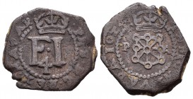 Felipe IV (1621-1665). 4 cornados. 1624. Pamplona. (Cal-1469). Ae. 4,39 g. Escudo entre P y A. MBC-. Est...30,00.