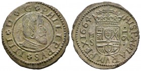 Felipe IV (1621-1665). 16 maravedís. 1664. Madrid. S. (Cal-1405). (Jarabo-Sanahuja-M389). Ag. 3,50 g. Restos de plateado original. MBC+. Est...30,00.