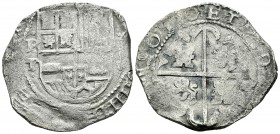 Felipe IV (1621-1665). 8 reales. 1(6)30. Potosí. T. (Cal-472). Ag. 25,59 g. Oxidaciones superficiales. Valor no visible. Escasa. BC+. Est...200,00.