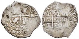 Carlos II (1665-1700). 2 reales. 1670. Potosí. E. (Cal-597 variante). Ag. 5,68 g. Doble fecha rectificada. Rara. MBC. Est...80,00.