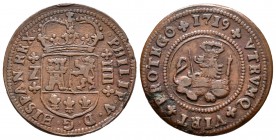 Felipe V (1700-1746). 4 maravedís. 1719. Zaragoza. (Cal-2024). Ae. 8,60 g. MBC. Est...50,00.
