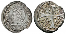Felipe V (1700-1746). 1 croat. 1705. Barcelona. (Cal-1445). Ag. 2,79 g. Fallo en reverso. MBC+. Est...65,00.