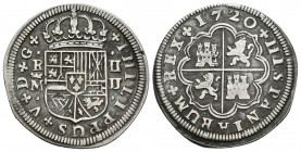 Felipe V (1700-1746). 2 reales. 1720. Madrid. JJ. (Cal-1247). Ag. 5,03 g. Las J del ensayador en diferentes tamaños. MBC/MBC-. Est...60,00.