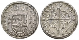 Felipe V (1700-1746). 2 reales. 1721. Segovia. (Cal-1401). Ag. 6,02 g. Pátina de monetario antiguo. MBC+. Est...140,00.