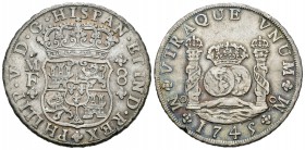 Felipe V (1700-1746). 8 reales. 1745. México. MF. (Cal-798). Ag. 26,62 g. Fallito en el canto. MBC. Est...160,00.