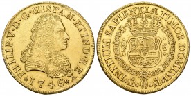 Felipe V (1700-1746). 8 escudos. 1746. México. MF. (Cal-143). (Can Onza-445). Au. 26,92 g. Golpecitos en el canto. Probablemente estuvo engarzada. Rar...