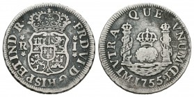 Fernando VI (1746-1759). 1 real. 1755. Lima. JD. (Cal-549). Ag. 3,15 g. MBC-. Est...70,00.
