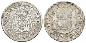 Fernando VI (1746-1759). 2 reales. 1756. México. M. (Cal-496). Ag. 6,53 g. BC+. Est...30,00.