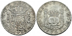 Fernando VI (1746-1759). 8 reales. 1756. Lima. JM. (Cal-315). Ag. 26,65 g. Punto sobre las dos LMA. MBC+/MBC. Est...260,00.