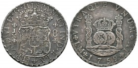 Fernando VI (1746-1759). 8 reales. 1759. Lima. JM. (Cal-315). Ag. 26,88 g. Punto sobre las dos LMA. Pátina. MBC+. Est...300,00.
