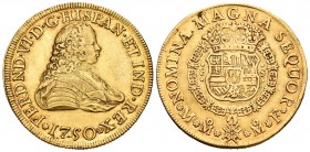 Fernando VI (1746-1759). 8 escudos. 1750. México. MF. (Cal-37). (Cal onza-600). Au. 27,04 g. Levísimas rayitas de ajuste. Las recientes investigacione...