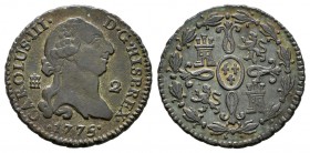 Carlos III (1759-1788). 2 maravedís. 1775. Segovia. (Cal-1917 variante). Ae. 2,32 g. Variante por el 5 de la fecha rectificado. MBC+. Est...35,00.
