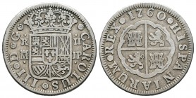 Carlos III (1759-1788). 2 reales. 1760. Madrid. JP. (Cal-1290). Ag. 5,55 g. MBC-. Est...20,00.