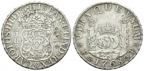 Carlos III (1759-1788). 4 reales. 1768. Potosí. JR. (Cal-1168). Ag. 13,33 g. Con roseta de 6 pétalos en reverso y punto sobre los monogramas de la cec...