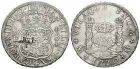 Carlos III (1759-1788). 8 reales. 1770. México. MF. (Cal-912). Ag. 26,70 g. Defecto en reverso. MBC-. Est...150,00.