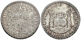 Carlos III (1759-1788). 8 reales. 1771. México. FM. (Cal-914). Ag. 26,82 g. Pequeños resellos orientales. MBC. Est...150,00.