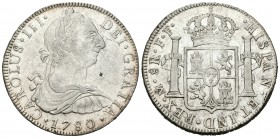 Carlos III (1759-1788). 8 reales. 1780. México. FF. (Cal-930). Ag. Golpe en el canto. Restos de brillo original. MBC+/EBC-. Est...150,00.