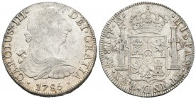 Carlos III (1759-1788). 8 reales. 1785. México. FM. (Cal-937). Ag. 26,96 g. Ligera plata agria. Restos de brillo original. MBC+. Est...120,00.