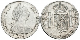 Carlos III (1759-1788). 8 reales. 1784. Potosí. PR. (Cal-991). Ag. 26,73 g. MBC/MBC+. Est...90,00.