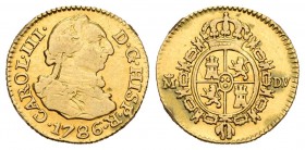 Carlos III (1759-1788). 1/2 escudo. 1786. Madrid. DV. (Cal-778). Au. 1,69 g. Estuvo en aro. MBC-. Est...80,00.