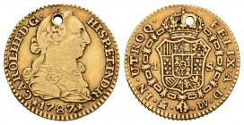 Carlos III (1759-1788). 1 escudo. 1787. Madrid. DV. (Cal-629). Au. 3,38 g. Agujero. BC+/MBC-. Est...100,00.
