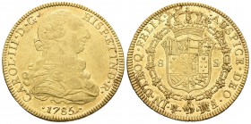 Carlos III (1759-1788). 8 escudos. 1785. México. FM. (Cal-109). (Cal onza-784). Au. 27,06 g. Parte del brillo original. MBC+/EBC-. Est...1100,00.