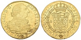 Carlos III (1759-1788). 8 escudos. 1786. Popayán. SF. (Cal-139). (Cal onza-822). Au. 27,02 g. Restos de brillo original. EBC. Est...1100,00.