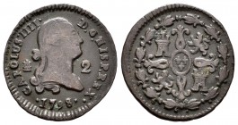Carlos IV (1788-1808). 2 maravedís. 1798. Segovia. (Cal-1531 variante). Ae. 2,27 g. Dos puntos a la derecha de la fecha. MBC-. Est...25,00.