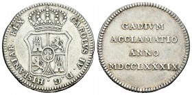 Carlos IV (1788-1808). Medalla de proclamación sin valor. 1789. Cádiz. (H-18). Rev.: GADIUM ACCLAMATIO ANNO MDCCLXXXIX. Ag. Golpecitos en el canto. 27...