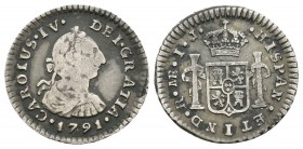 Carlos IV (1788-1808). 1/2 real. 1791. Lima. IJ. (Cal-1244). Ag. 1,69 g. Busto de Carlos III y ordinal IV. Escasa. MBC-. Est...100,00.