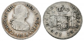 Carlos IV (1788-1808). 1/2 real. 1808. México. TH. (Cal-1338). Ag. 1,70 g. MBC. Est...25,00.
