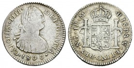 Carlos IV (1788-1808). 1 real. 1800. Guatemala. M. (Cal-1234). Ag. 3,32 g. Muy escasa. MBC-. Est...80,00.