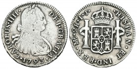 Carlos IV (1788-1808). 2 reales. 1793. Lima. IJ. (Cal-937). Ag. 6,61 g. Cabeza grande. BC/BC+. Est...30,00.