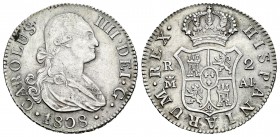Carlos IV (1788-1808). 2 reales. 1808. Madrid. AI. (Cal-980). Ag. 5,92 g.  Rayitas de ajuste. MBC+. Est...60,00.