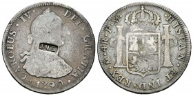 Carlos IV (1788-1808). 4 reales. 1790. México. FM. (Cal-839 variante). Ag. 12,64 g. Busto de Carlos III y numeral del rey IV. Resello rectangular con ...