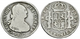 Fernando VII (1808-1833). 4 reales. 1807. Santiago. FJ. (Cal-906). Ag. 12,80 g. Escasa. BC. Est...110,00.